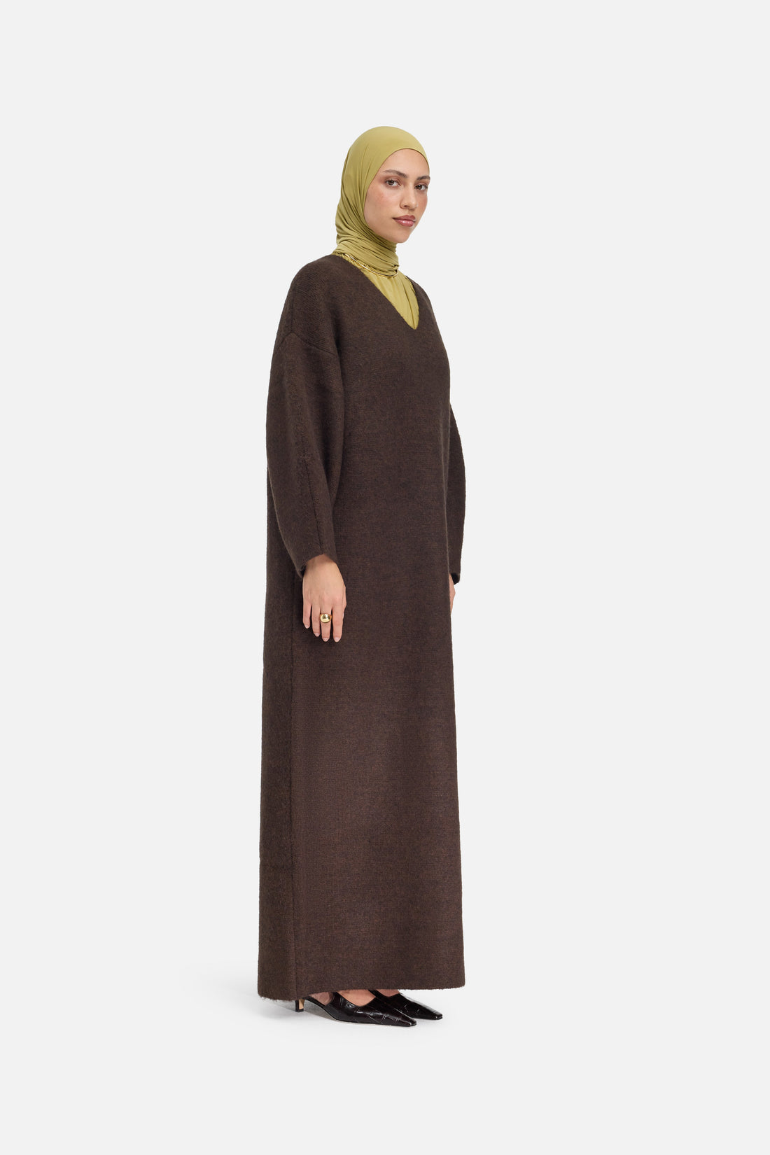 Brushed Tricot V-Ausschnitt Kleid | Dark Brown