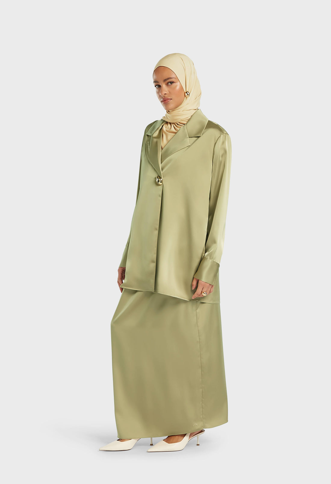 Satin Klassischer Blazer | Graugrün