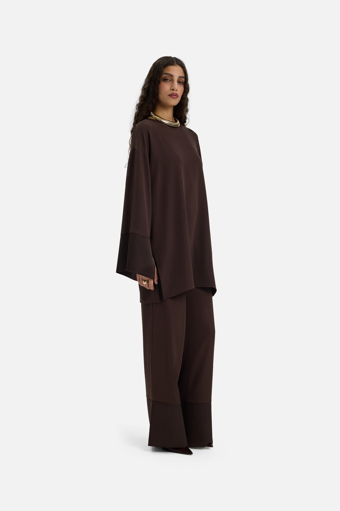Bluse mit Satinbesatz | Dunkelbraun